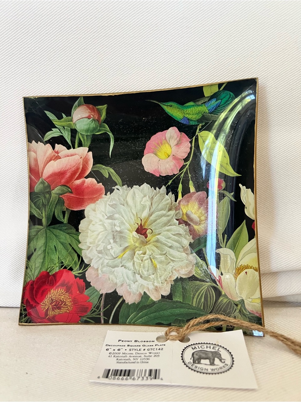 NWT Michel Design Works "Peony Blossom" Decoupage 6” Square Glass Trinket Dish
